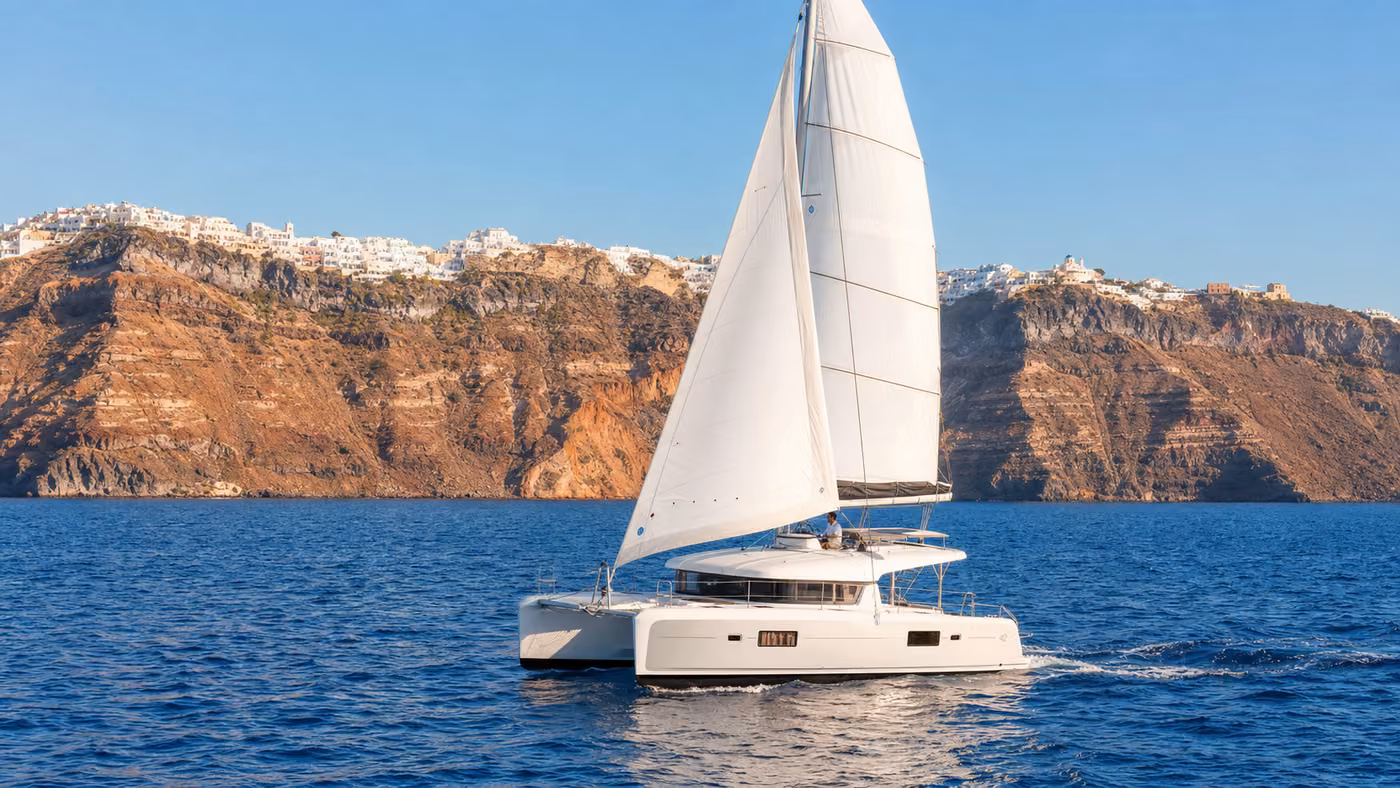 Lagoon catamaran sailing in Santorini